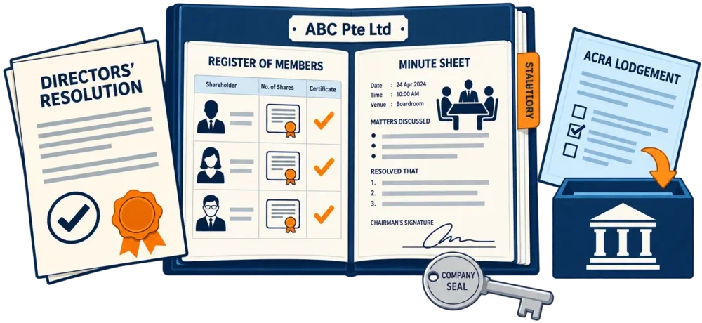 Registers, minutes, resolutions and ACRA lodgements grouped around one company as the work of its company secretary
