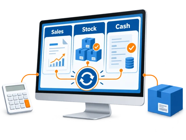 Sales, stock and cash panels on one screen, kept in step by a single ERP System between the accounts and the warehouse