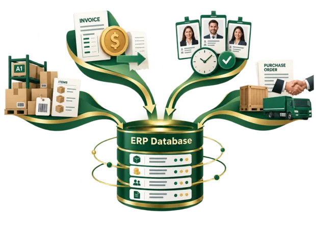 Stock, money, staff and suppliers drawn as resources feeding into one Enterprise Resource Planning database