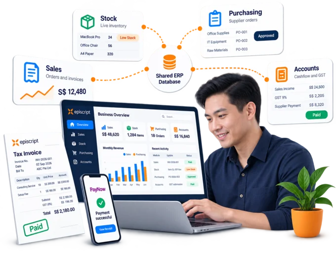 A business owner at a laptop reviewing sales, stock, purchasing and accounts drawn from one shared ERP database