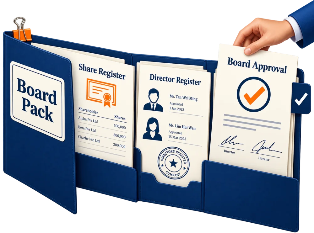 A company secretary preparing a board pack from registers and approvals held in one system