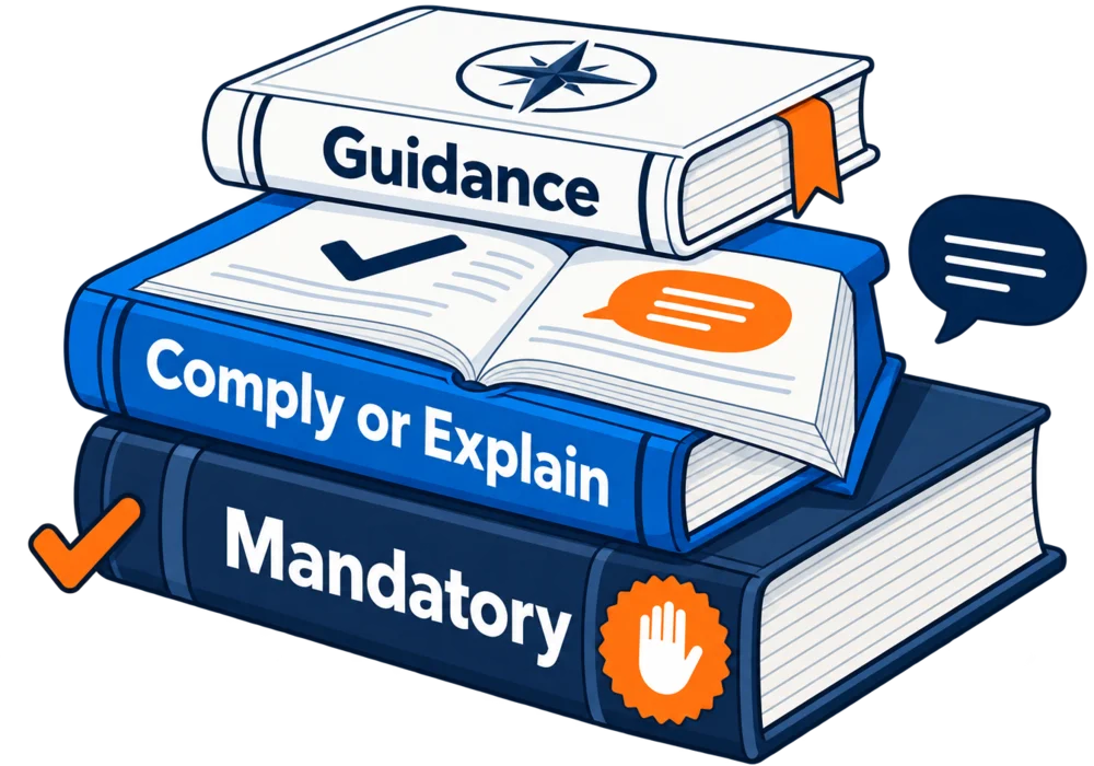 Three layers of the Code: mandatory principles, comply or explain provisions and voluntary practice guidance