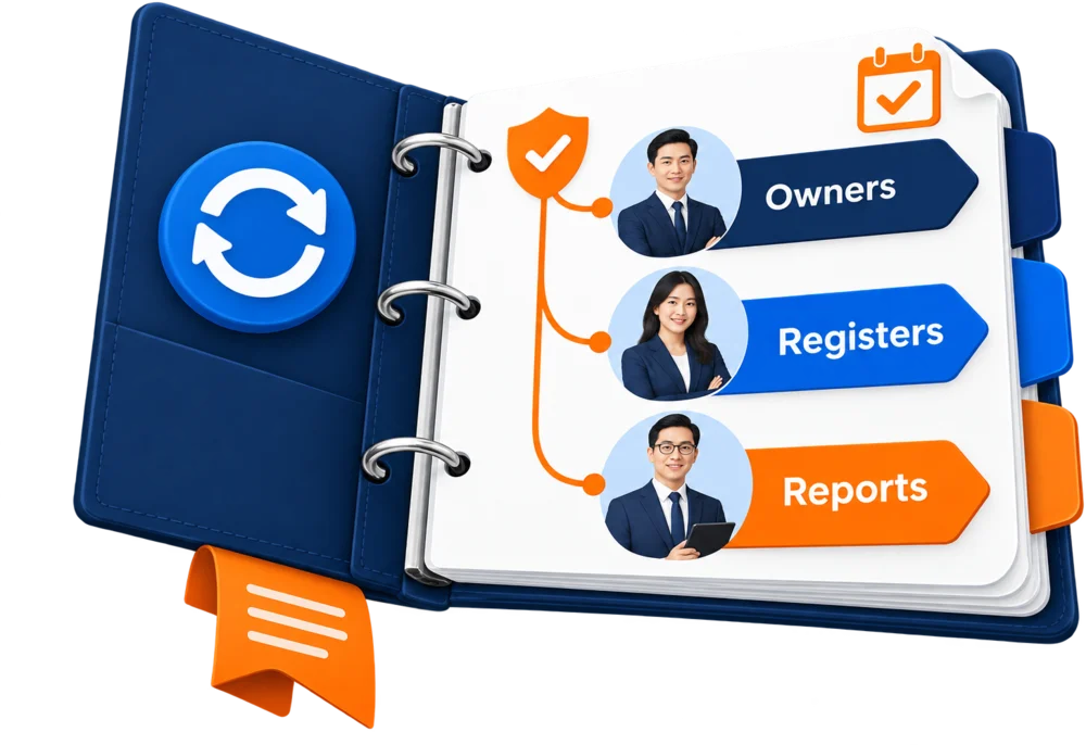 Obligations mapped to owners, registers, a compliance calendar and board reports in sequence
