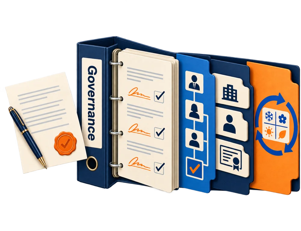 Board minutes, an approval matrix, statutory registers and a review calendar kept together in one governance file