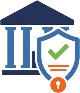 A bank building with a shield, standing for governance rules for banks and insurers