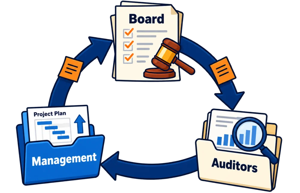 The board, management and auditors linked by decisions, approvals and reporting lines