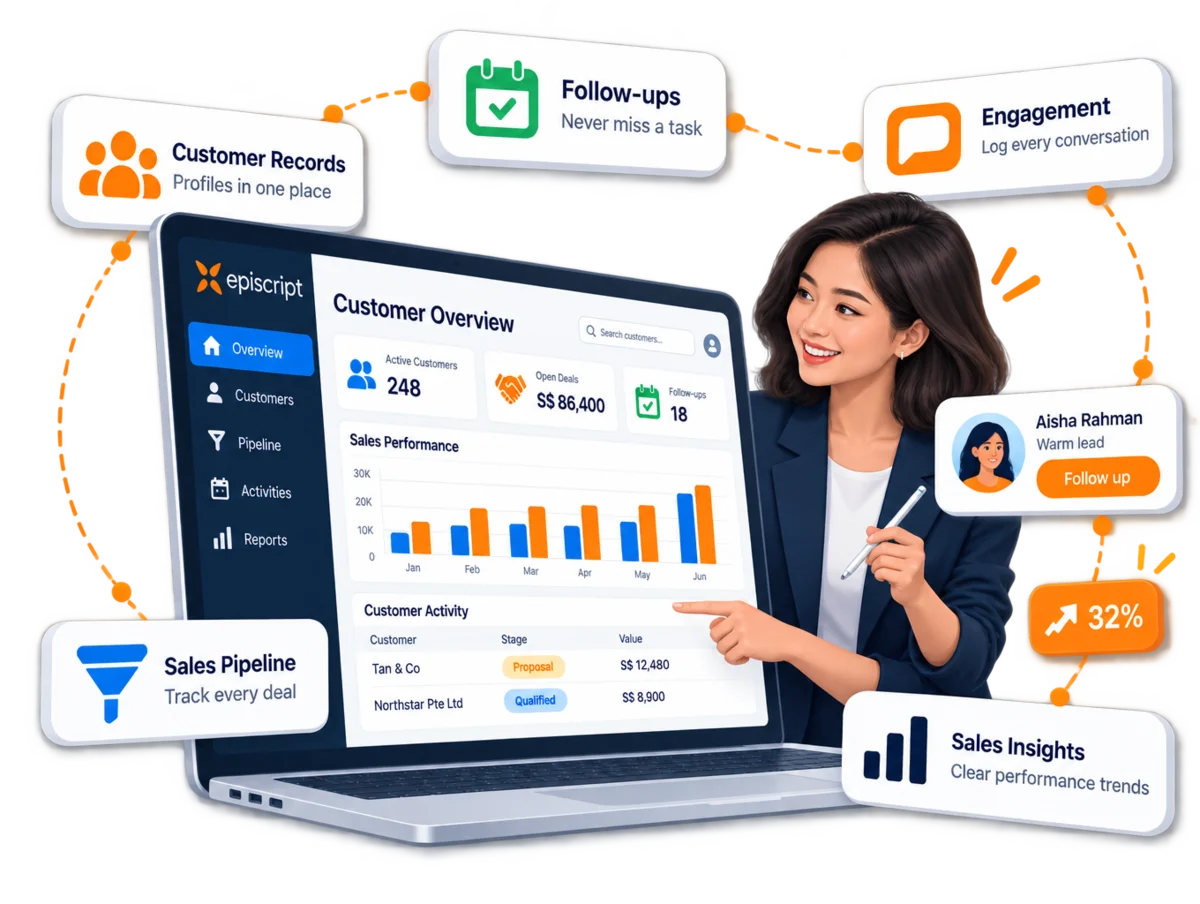 A business owner at her desk working through customer records and sales figures on a CRM dashboard