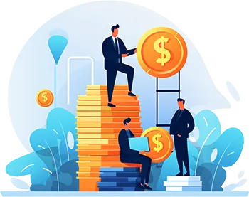 A team climbing a stack of coins towards a large dollar coin as revenue grows