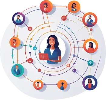 A customer connected to a network of new contacts, each one a possible new lead