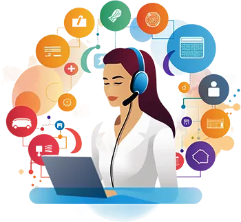 A customer support agent with a headset answering enquiries on a laptop