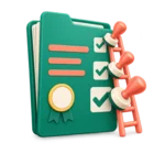 Claim file passing up a short ladder of approval stamps, standing for claim approval workflows