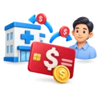 Bank transfer arrow carrying money to a clinic and a member, standing for claim payments and reimbursements