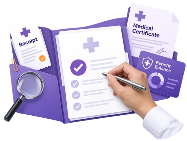 Claims assessor checking a submitted medical claim, with a receipt, a medical certificate and the member's benefit balance laid out as illustrated cards