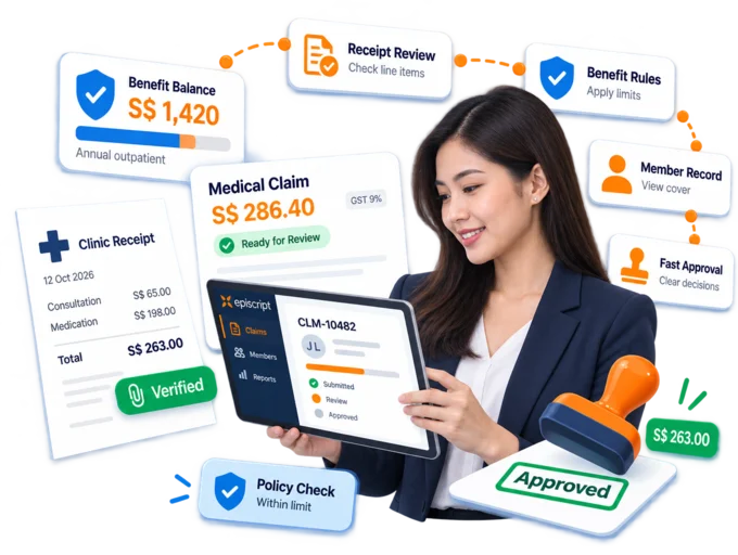 Claims officer reviewing a medical claim beside illustrated cards for a clinic receipt, a member's benefit balance and an approval stamp