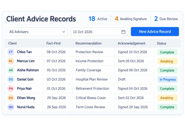 Client advice record in the Episcript Insurance Agency Management System, listing the fact-find, recommendation and signed acknowledgement with their dates