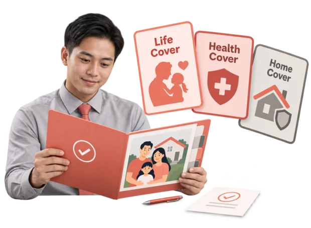 Insurance agent at a desk reviewing a family's policies, with illustrated cards for life, health and home cover beside the client record