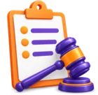 Clipboard list beside an auction gavel, standing for forfeiture and auction lists