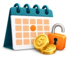 Calendar page with coins and an unlocked padlock, standing for interest and redemption