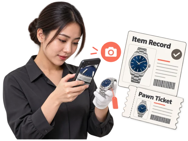 Counter assistant photographing a luxury watch for a new pledge, beside illustrated cards for the item record and a printed pawn ticket