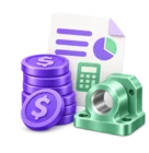 Stack of coins beside a finished product and a cost sheet, standing for job and product costing