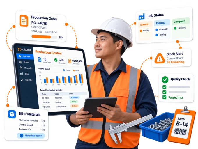 Production supervisor holding a tablet beside illustrated cards for a production order, a bill of materials and a job status board