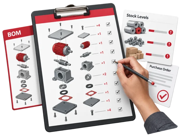 Production planner checking material requirements, with illustrated cards for a bill of materials, stock levels and a purchase order to a supplier