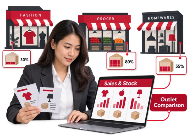 Retail area manager comparing sales and stock for several outlets on a laptop, with illustrated shop fronts and stock cards around the screen