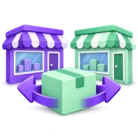 Two shop fronts linked by a box on an arrow, standing for stock across outlets and transfers