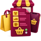 Shopping bag, a phone and a shop counter feeding into one order list, standing for omnichannel order management