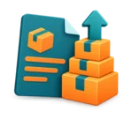 Purchase order sheet beside a stack of cartons with an upward arrow, standing for purchasing and replenishment