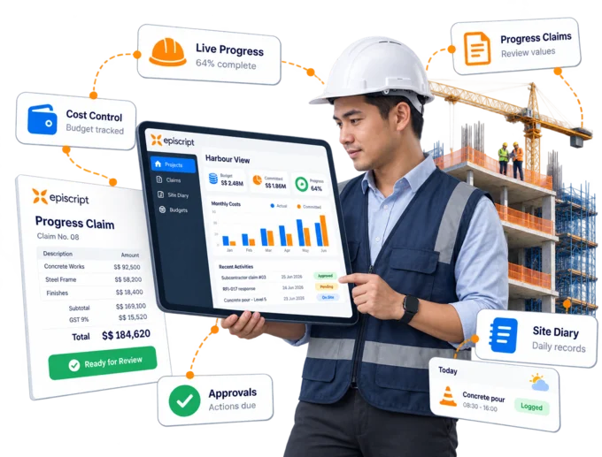 Construction project manager in a hard hat reviewing budget, progress claim and site diary panels on a tablet beside a building under construction