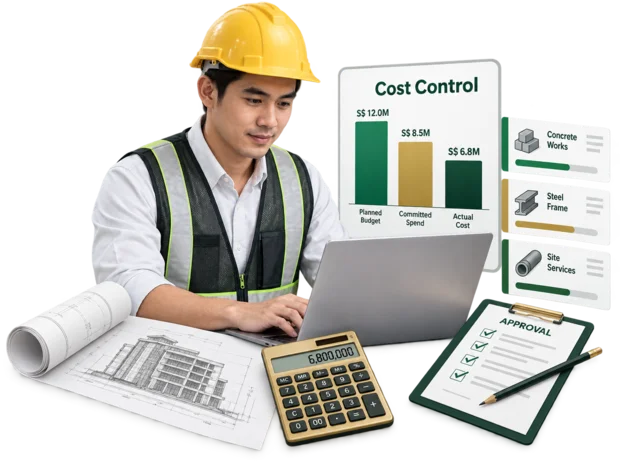 Quantity surveyor in a site office comparing a project budget with committed and actual cost on a laptop, with cost code cards beside it