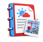 Site diary notebook with a weather symbol and a photo clipped to it, standing for daily site reports
