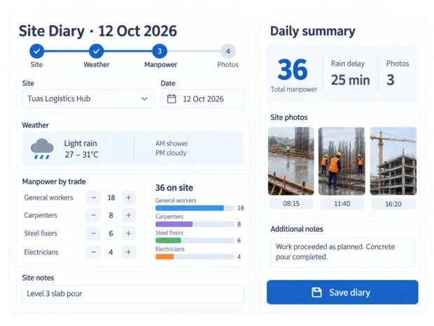 Site diary screen in the Episcript Construction Management Software, with the day's manpower by trade, the weather and site photos