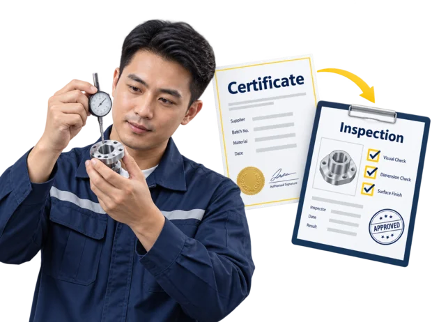 Technician checking a calibrated gauge beside a supplier certificate and an incoming inspection record