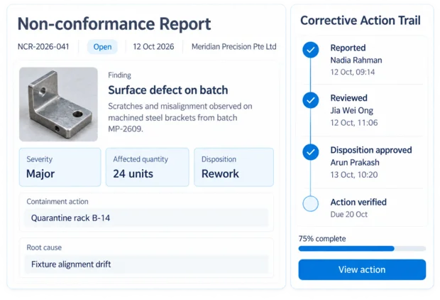 Non-conformance report in the Episcript Quality Management System, with its disposition and corrective action trail