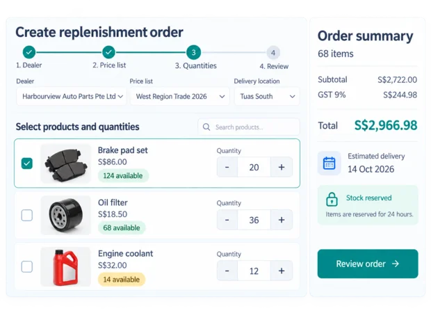 Dealer portal in the Episcript Dealer Management System, with a dealer reordering from its own price list and checking available stock