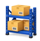 Warehouse shelving with cartons and a barcode label, standing for distributor and dealer stock