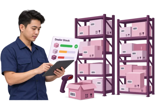 Warehouse manager checking stock for dealer orders on a tablet, with cartons on shelves and stock levels for each dealer on screen