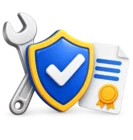Shield with a tick beside a wrench and a claim form, standing for warranty and service claims