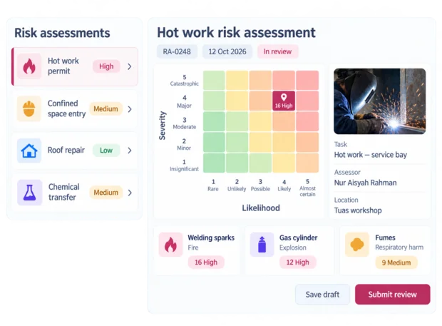 Risk assessment screen in the Episcript Safety Management System, with a hot work task's hazards scored on a likelihood and severity matrix