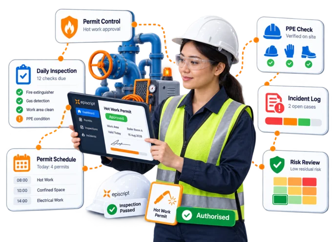 Safety officer in a hard hat and high-visibility vest approving a hot work permit on a tablet beside factory machinery, with inspection and incident panels beside her