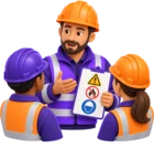 Supervisor in a hard hat briefing two workers, head and shoulders, standing for toolbox meetings