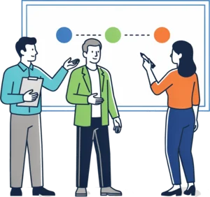 Managers and a consultant marking up project stages on a board