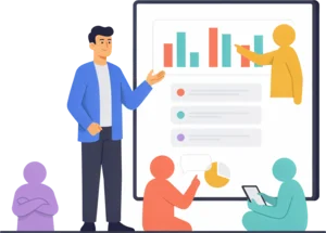 Trainer taking a project team through the system on a screen