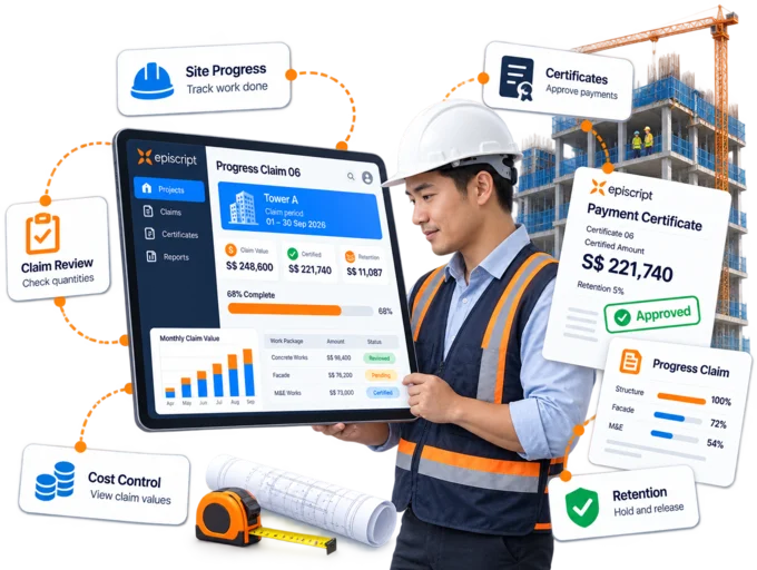 Contractor's commercial manager on a construction site holding a tablet with progress claim, payment certificate and retention panels, a building under construction behind