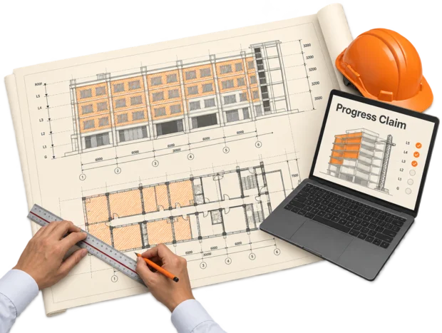 Quantity surveyor measuring completed work on a construction drawing beside a laptop showing a progress claim schedule