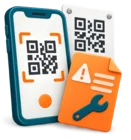 Phone scanning a QR code on a wall beside a fault report form, standing for the facilities helpdesk