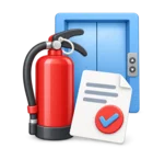 Fire extinguisher and lift doors beside a certificate with a tick, standing for inspections and statutory servicing