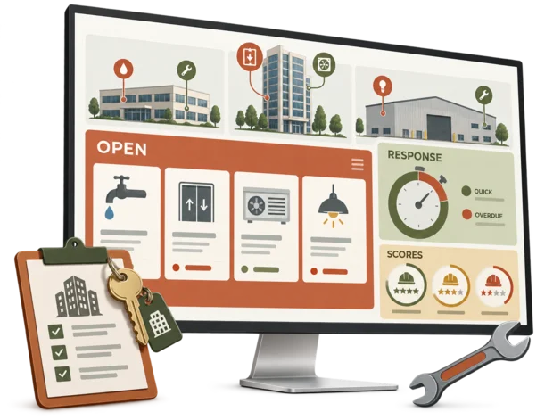 Facilities management dashboard with open work orders, response times and contractor scores for several buildings, beside a checklist and keys